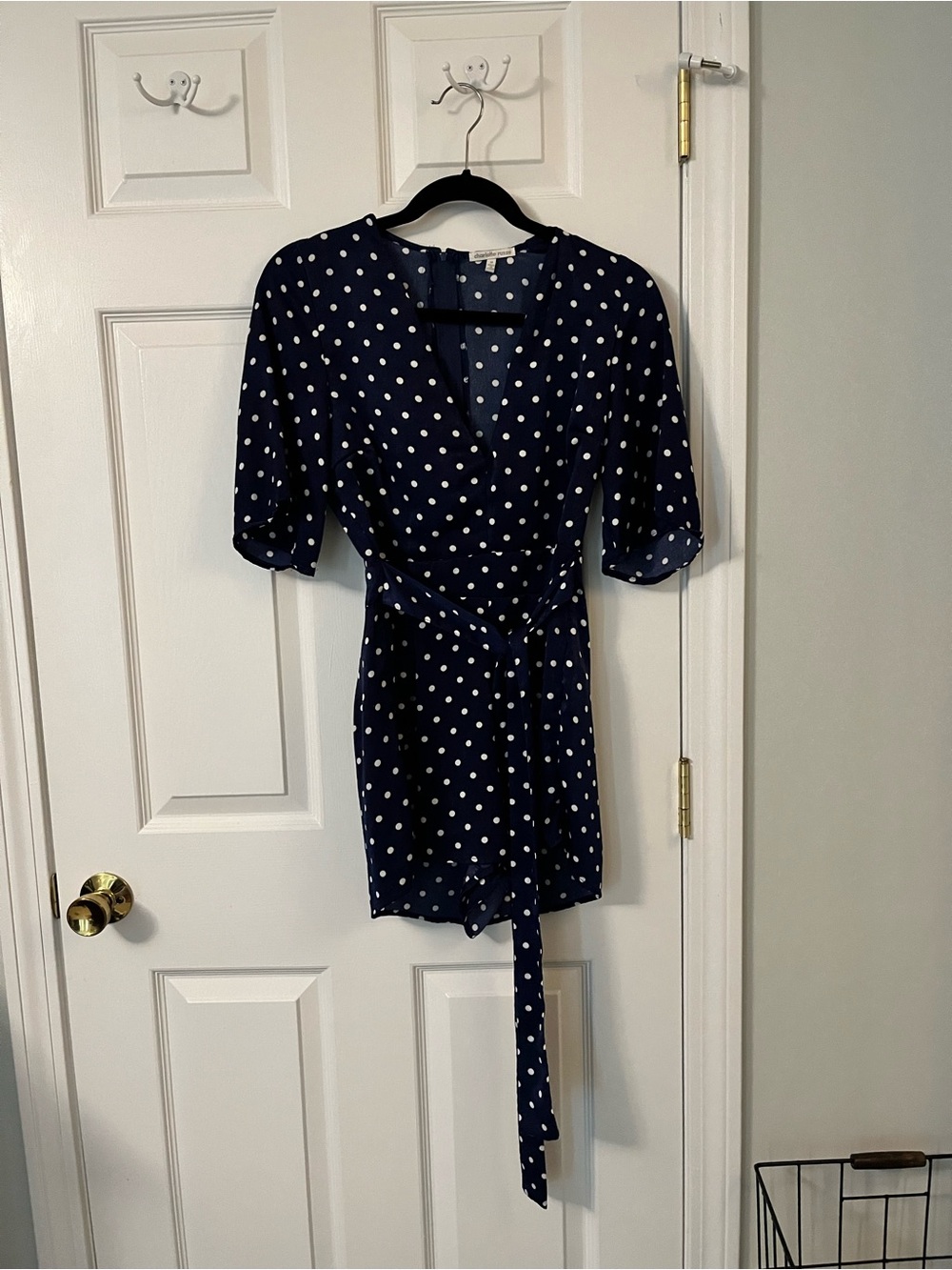 Navy Polka Dot Wrap Romper with Self-Tie Belt